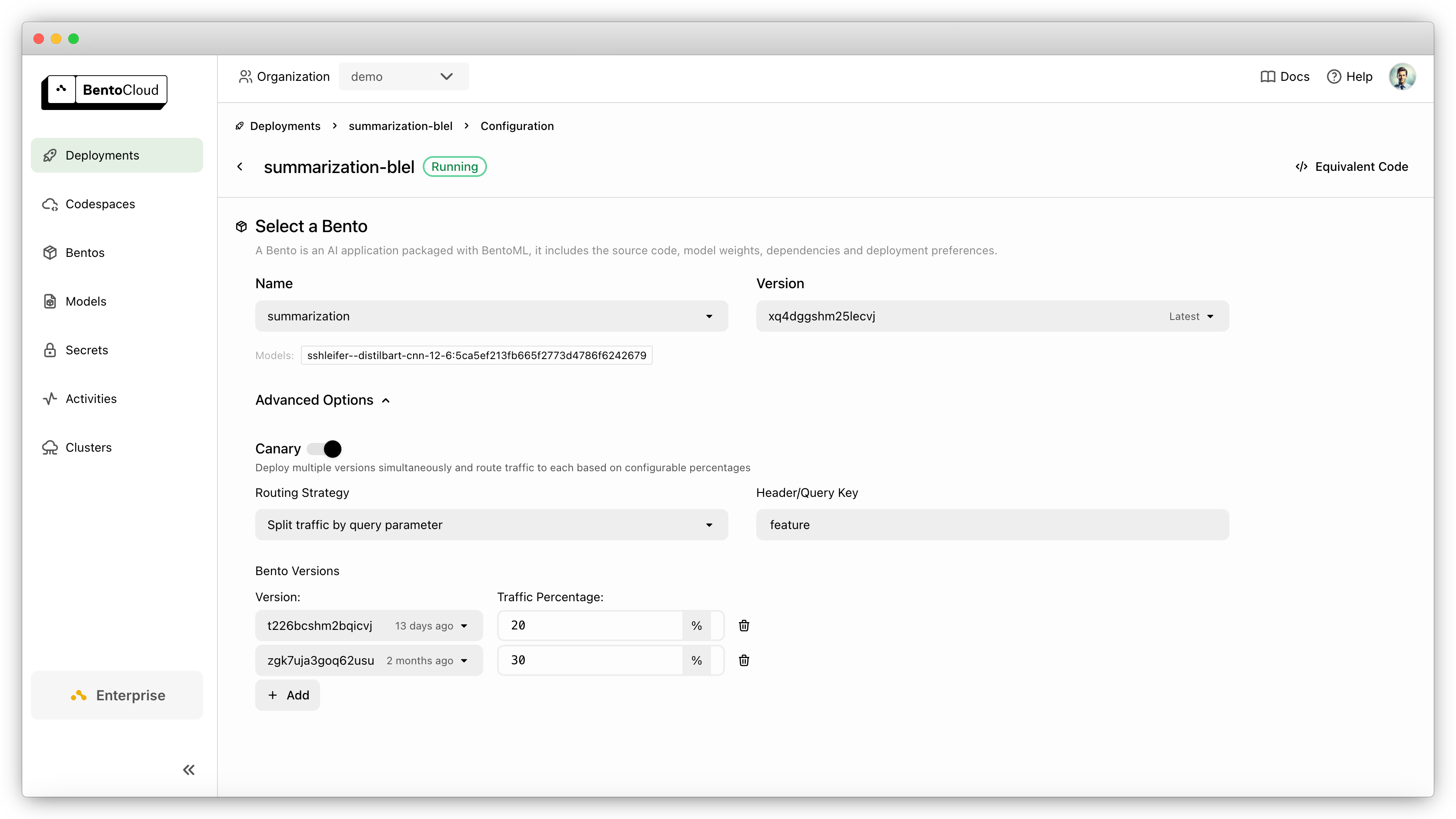 Enable canary model on BentoCloud